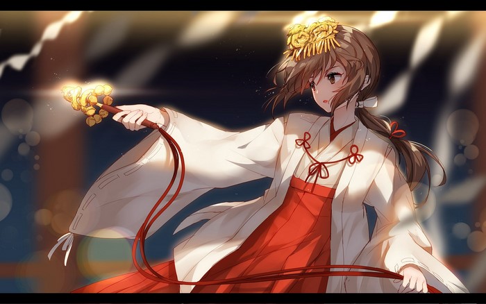 Anime girl in shrine maiden outfit holding a ritual wand