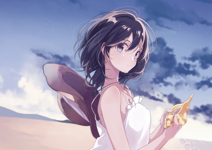Anime girl with dark hair holding a seashell on the beach