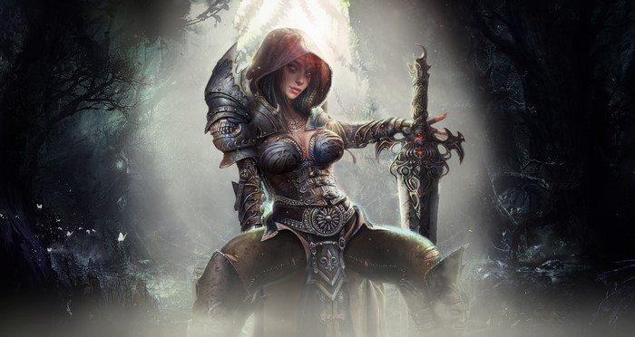 Fantasy warrior girl with sword in forest