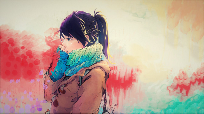 Anime girl with black ponytail and blue eyes wearing scarf and jacket