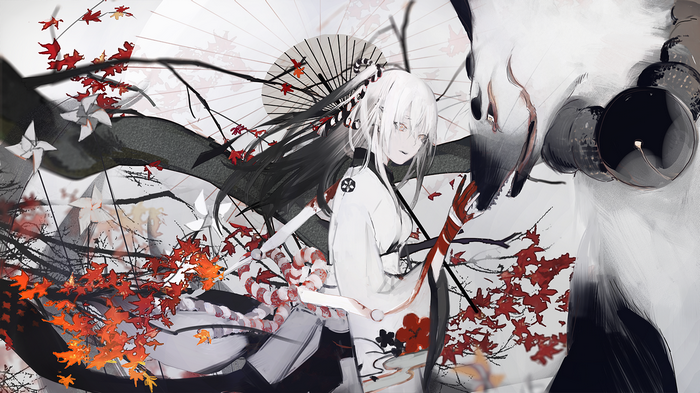 Anime girl with white hair and red leaves