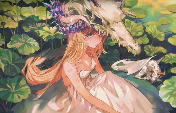 Anime girl with dragon skull headdress and dragon