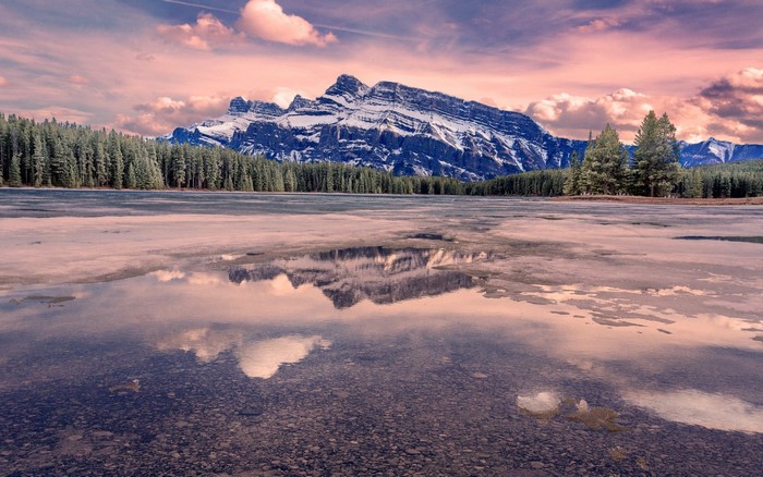 Snow-capped mountains reflected in a partially frozen lake with pine forest