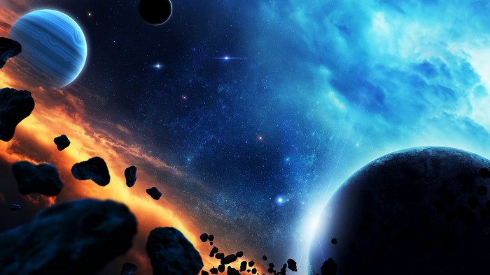 Space scene with planets and asteroids