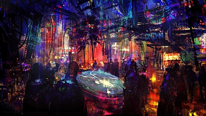Cyberpunk cityscape with people and glowing platform