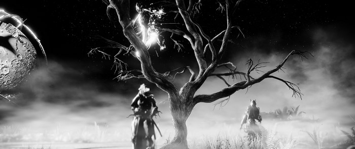Excalibur from Warframe with a large moon