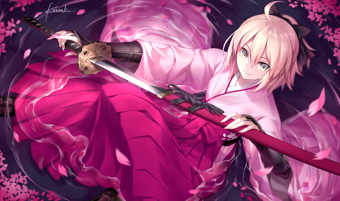 Anime girl with katana and pink kimono surrounded by cherry blossoms