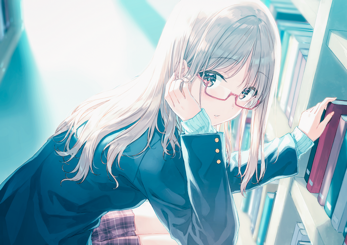Anime girl with silver hair and glasses in a library