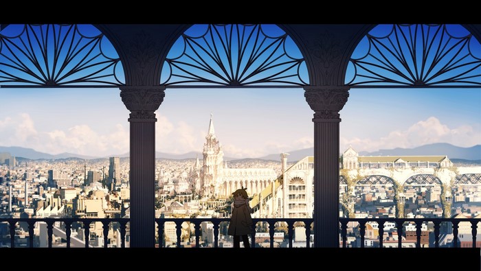 Anime girl overlooking a city from a balcony