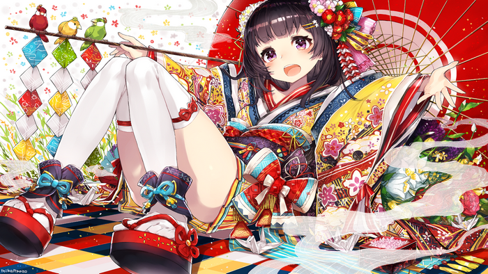 Anime girl in a colorful kimono with a parasol