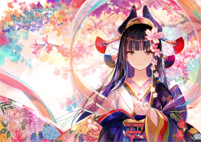 Anime girl in traditional Japanese attire with flowers