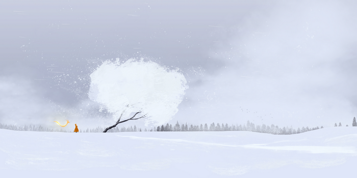 A lone figure and a glowing companion in a snowy landscape