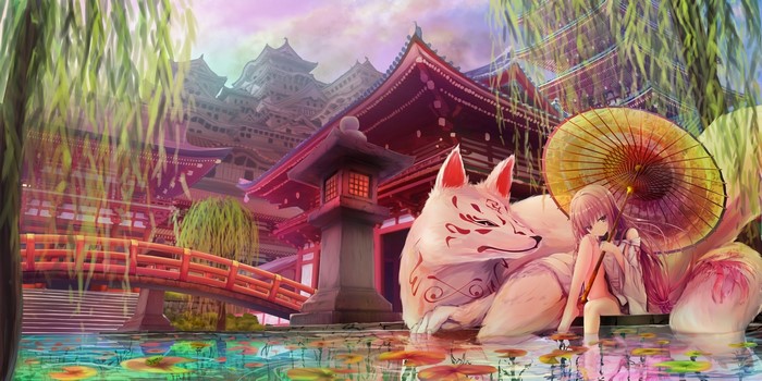 Kitsune girl with umbrella by Japanese temple and pond