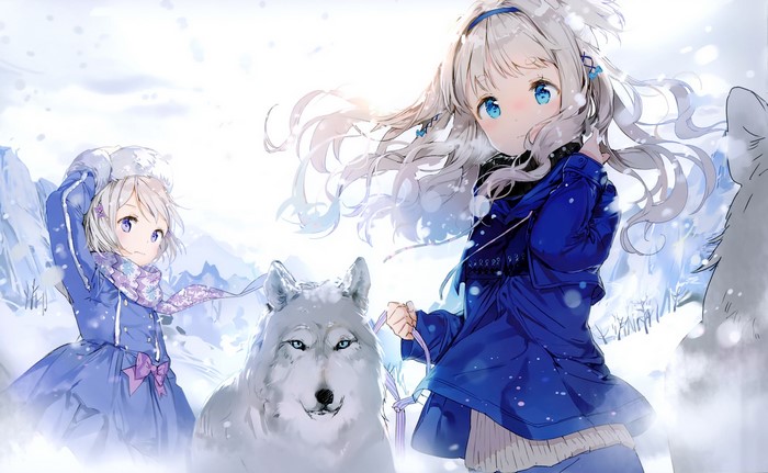 Two anime girls with a wolf in a snowy landscape