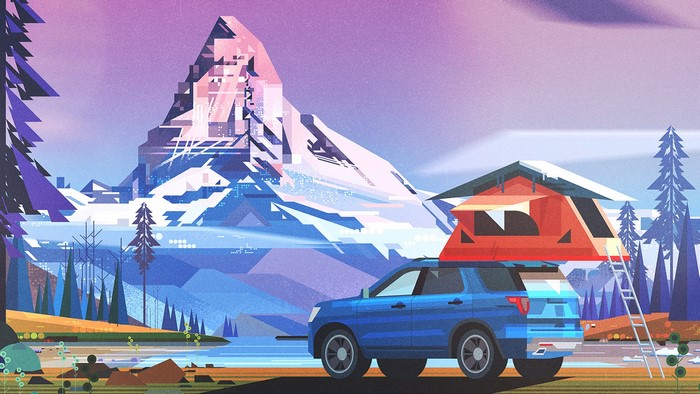 Illustration of a car with a rooftop tent at the base of a mountain