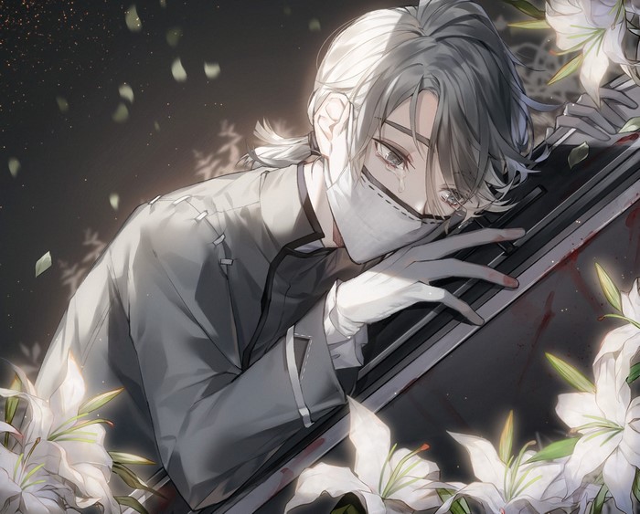 Aesop Carl from Identity V crying with lilies and blood