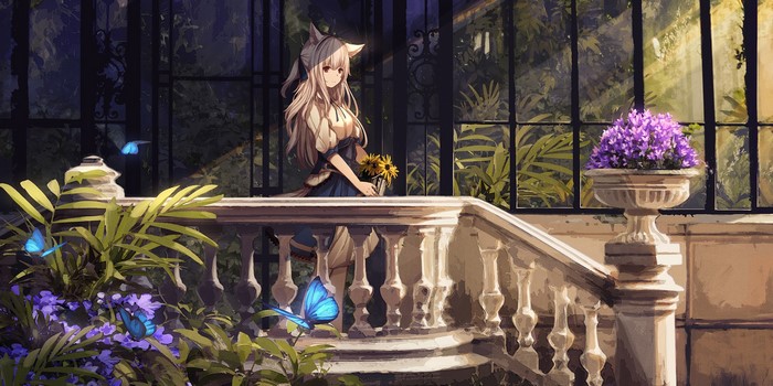 Anime girl with cat ears holding sunflowers on a balcony