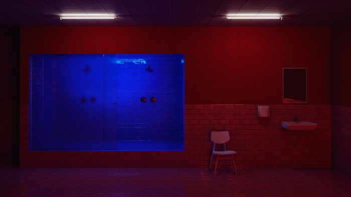Minimalist bathroom with blue shower and red walls