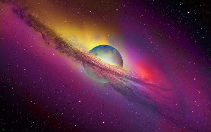 Planet in a colorful nebula with stars
