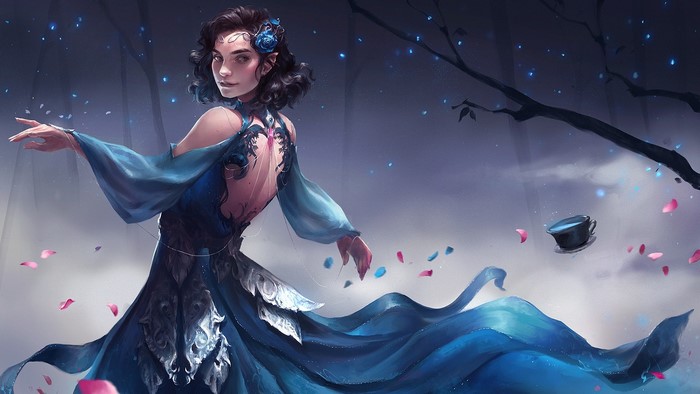 Fantasy woman in blue dress with flowers in hair