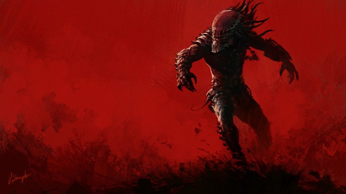 Predator creature in dark armor on red background