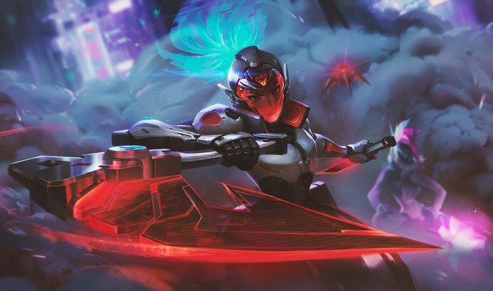 Akali from League of Legends in cyberpunk armor