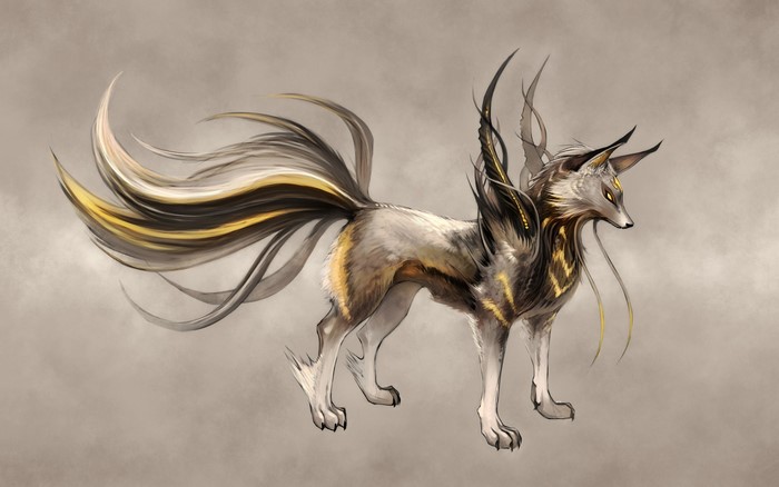Fantasy creature with multiple tails and wings