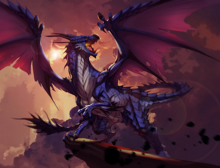 Blue dragon roaring with wings spread against sunset sky