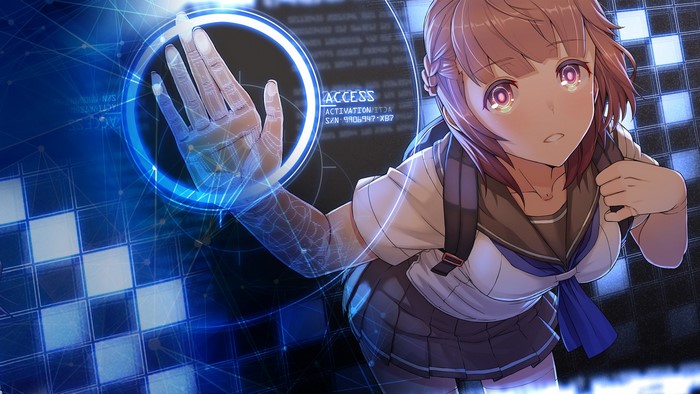 Anime girl with glowing eyes and hand scanner