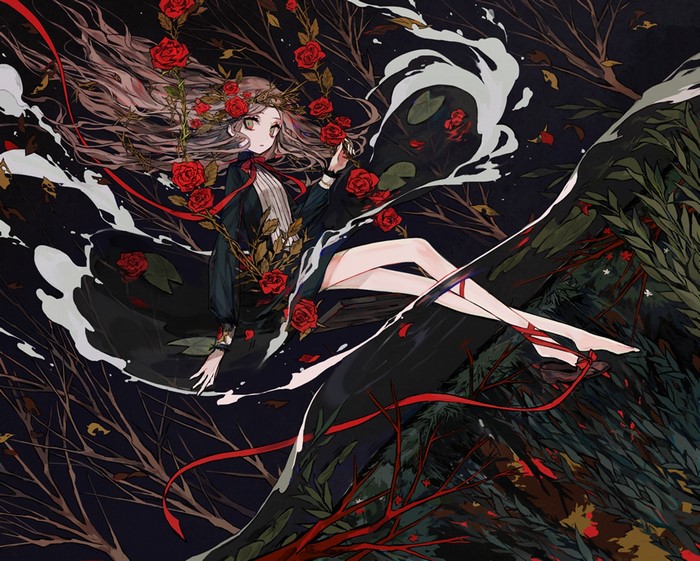 Anime girl with roses in dark fantasy forest