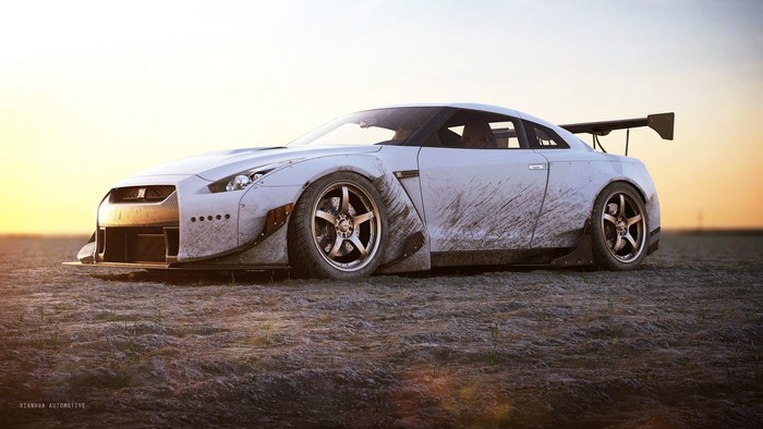 White Nissan GT-R with widebody kit
