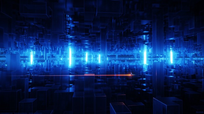Abstract blue digital cityscape with glowing lights