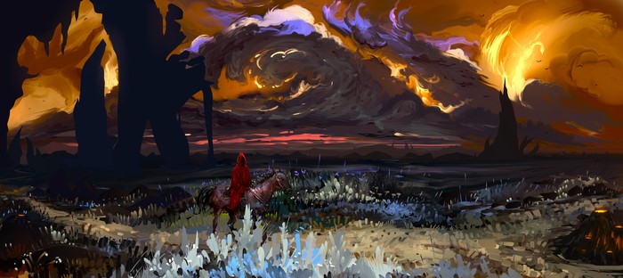Person in red on a horse in a field