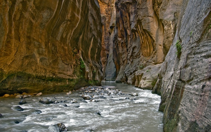 River flowing through a narrow canyon with towering rock walls