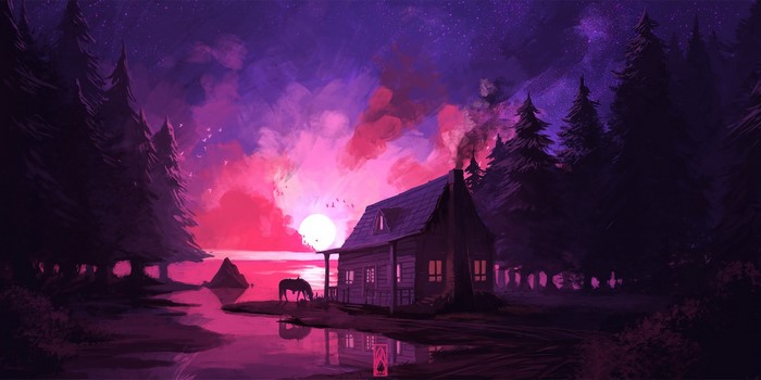 Cabin by the lake with a horse at sunset