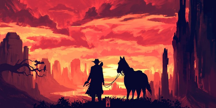Cowboy with horse in desert landscape at sunset