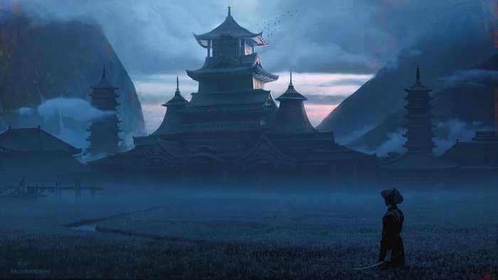 Samurai in a misty field before a pagoda at sunset
