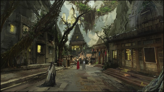 Digital painting of a fantasy village with ancient trees