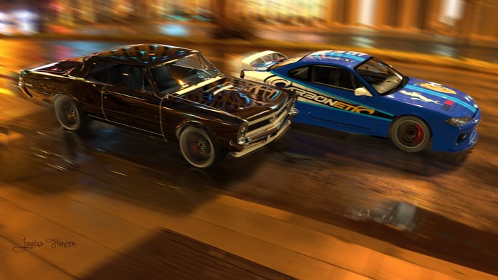 Pontiac GTO and Nissan Silvia Spec-R racing at night