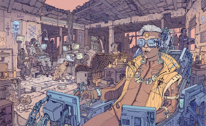 Cyberpunk 2077 artwork of people in a futuristic room