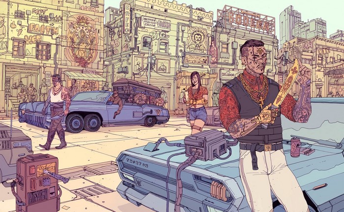 Cyberpunk 2077 artwork of a street scene with coffins