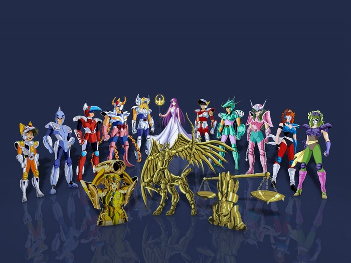 Saint Seiya characters in armor with reflections