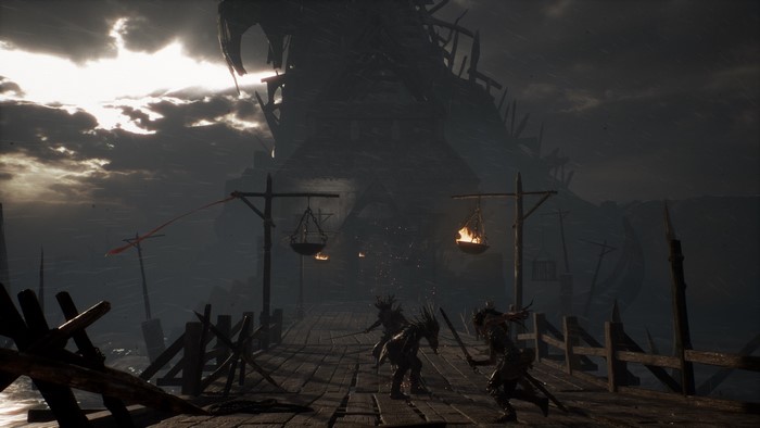 Senua from Hellblade: Senua's Sacrifice fighting on a bridge