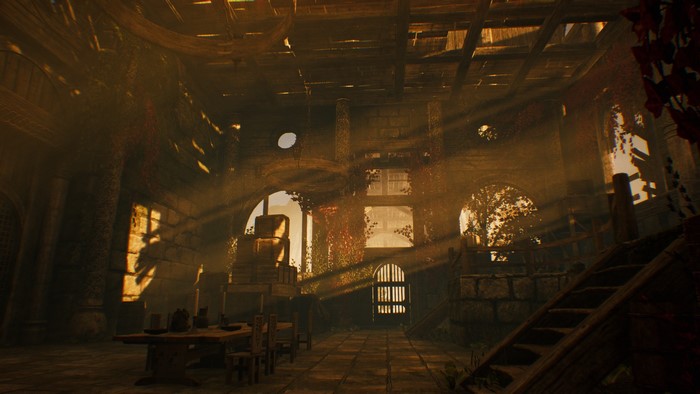 Ruined building interior with sun rays