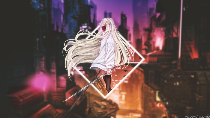Anime girl with sword in neon city