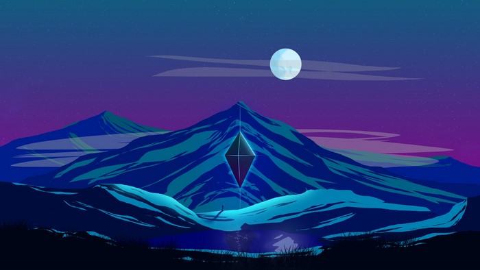 Sci-fi landscape with diamond monolith and moon