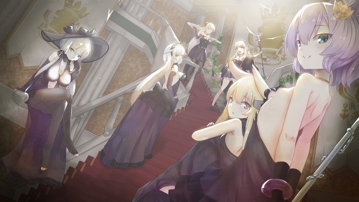 Anime girls in black dresses on a staircase