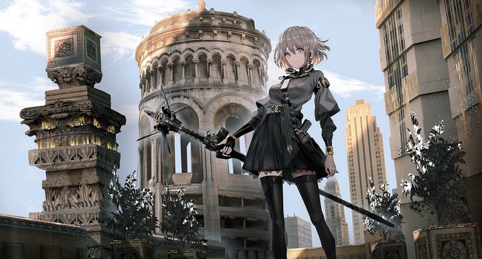 Anime girl with weapon in city with buildings