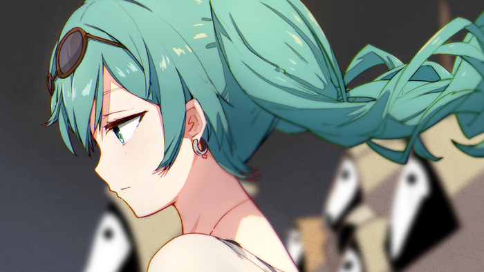 Hatsune Miku from Vocaloid with turquoise hair and green eyes
