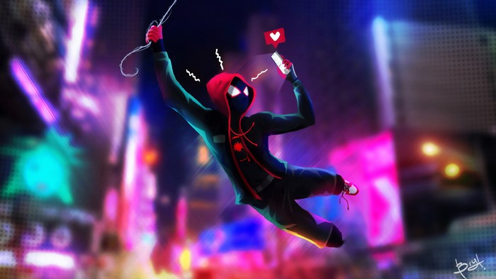 Miles Morales from Spider-Man: Into the Spider-Verse with phone